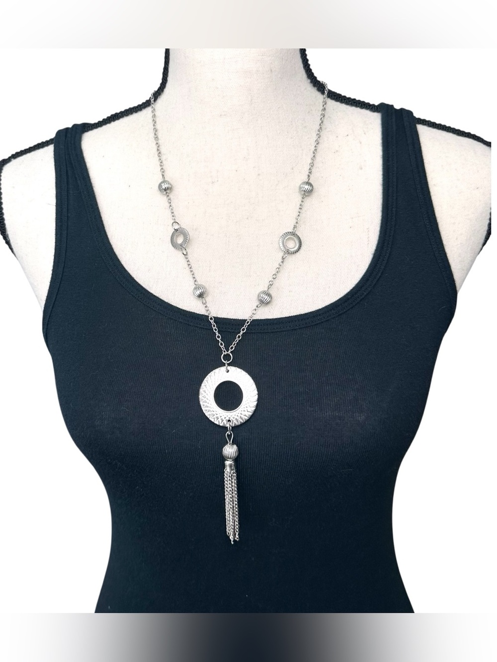 🤍 Silver Tone Long Necklace with Textured Circle and Tassel